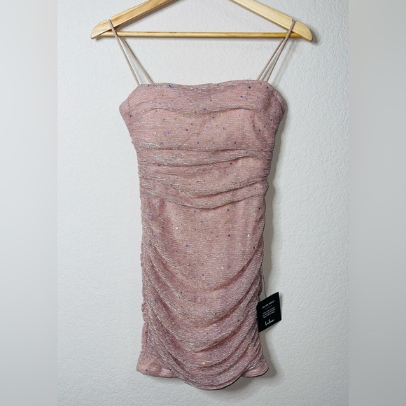 Lulu's * NWT Flirty Vibes Mauve Pink Sparkly Ruched Bodycon Mini Dress Small - Picture 6 of 11